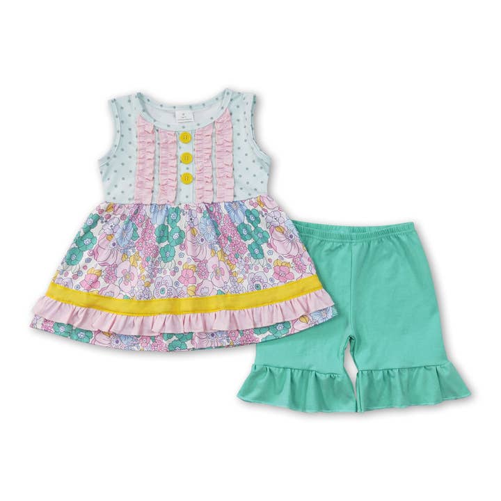 Sleeveless floral tunic ruffle shorts girls clothes for wholesale by Yawoo Garments