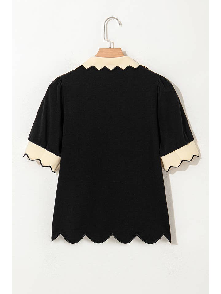 Comme indiqué Blouse à col en V contrasté avec manches bouffantes | S-XL en vente sur Faire