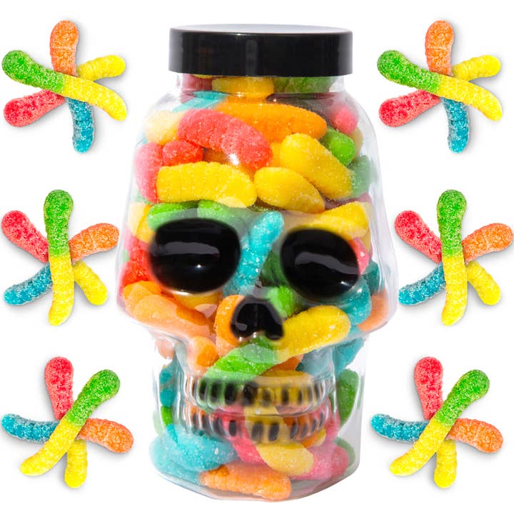 Halloween Candy Skull Jar with Sour Worms for wholesale by Purple Plum