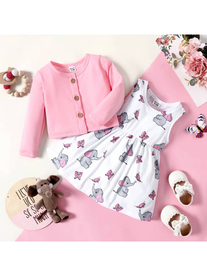 PatPat - Wholesale Clothing Set - Baby - 2pcs Baby Girl Elephant or Giraffe Dress & Cardigan Set