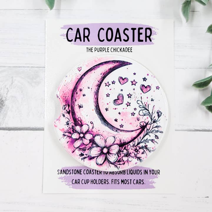 Sottobicchiere per auto in arenaria con luna acquerello rosa per la vendita all'ingrosso da parte di The Purple Chickadee