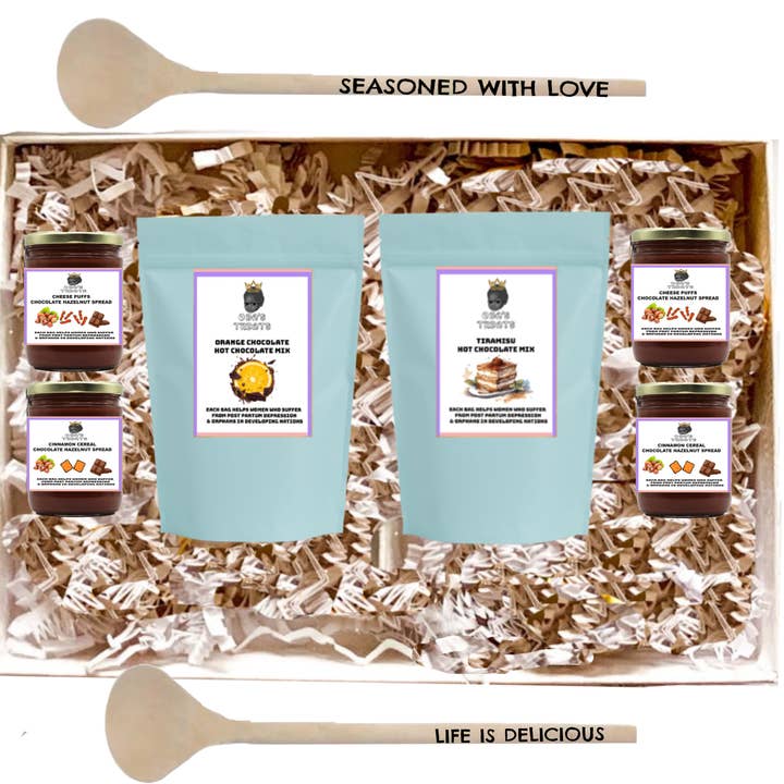 Chocolate drink, spreads and Positive spoons selfcare kit! for wholesale by Maqoba
