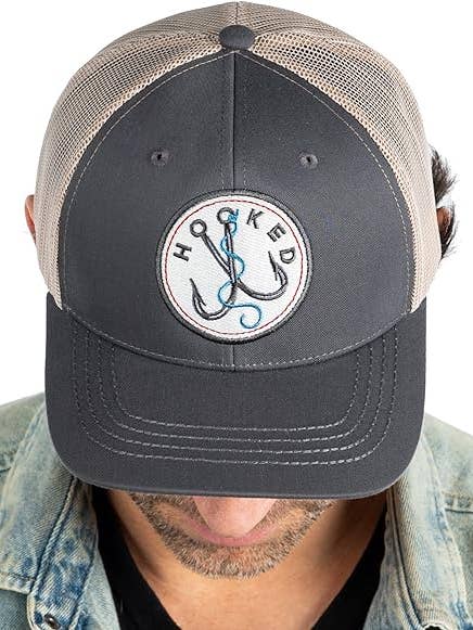 Men's Trucker Patch Hat: Hooked (Charcoal/Beige) for wholesale by Funky Junque