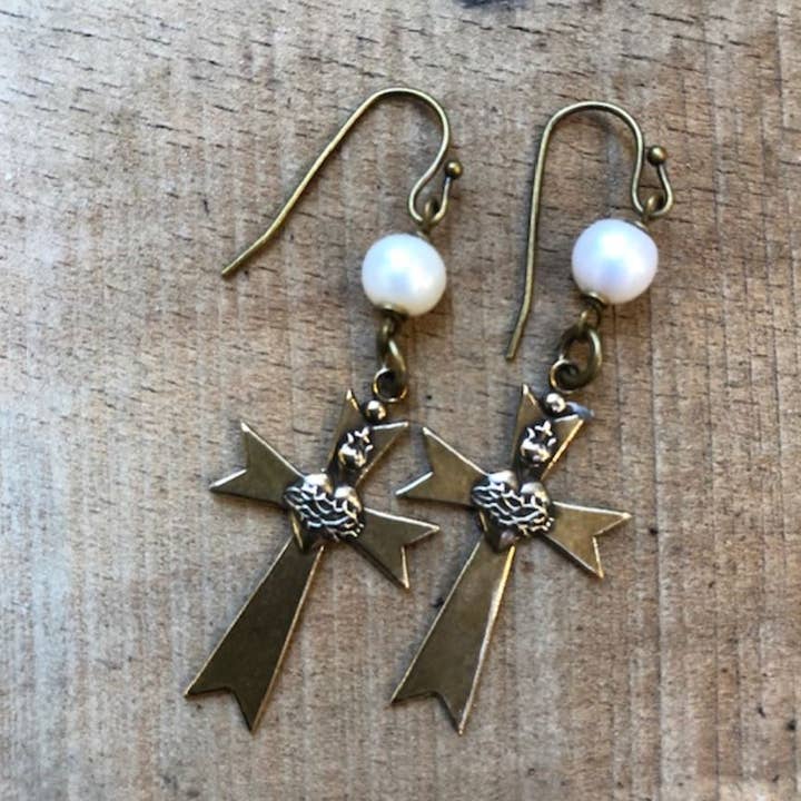 Sacred Heart Cross & Pearl Earring for wholesale by Lorraine Frances Jewelry
