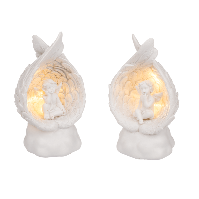 Out of the blue KG - Wholesale Decorative Figurine - Sitting polyresin angel in wings with warmwhite,3