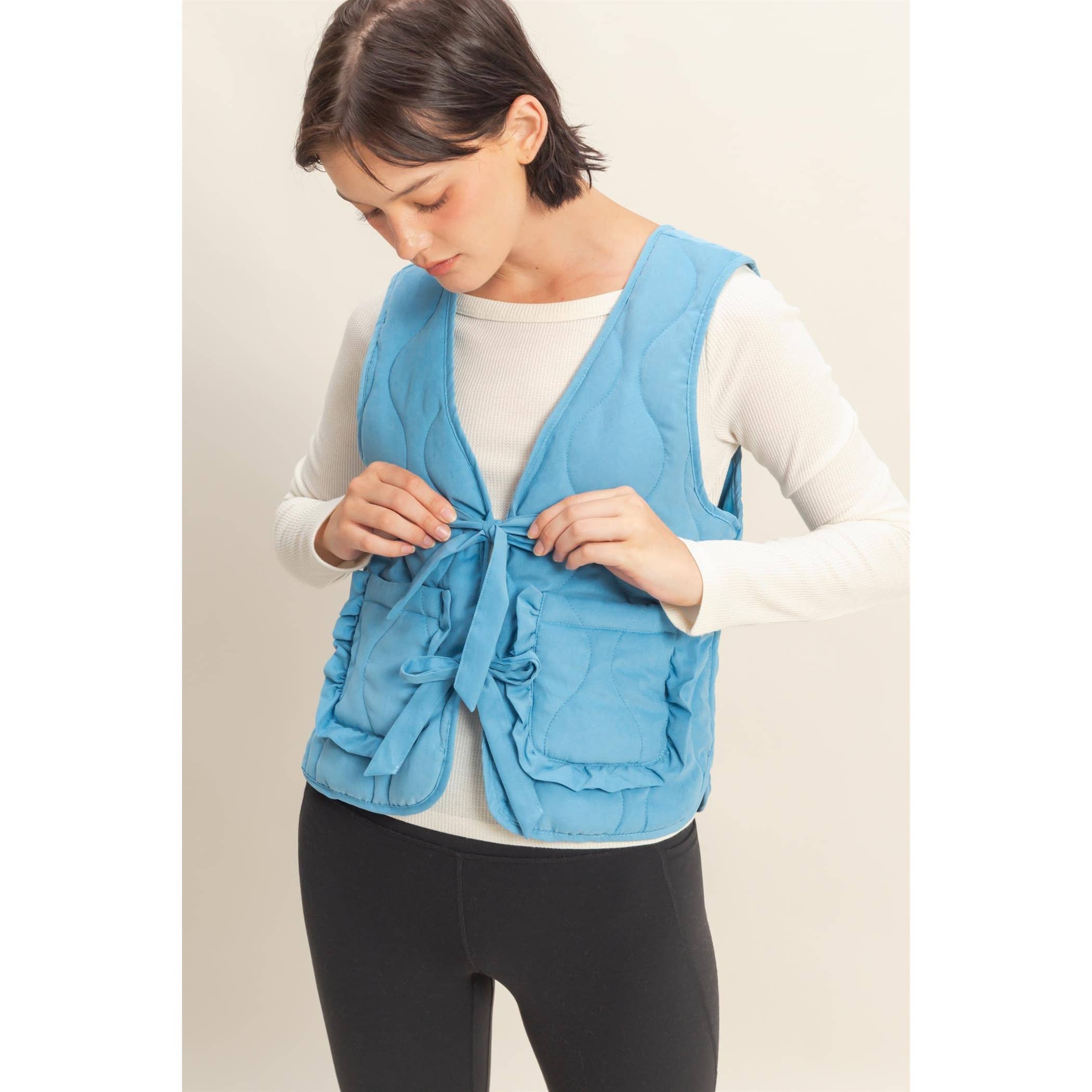 Double Zero - Wholesale Outerwear Vest - Women's - Quilted Vest With Tie-Front And Patch Pockets23