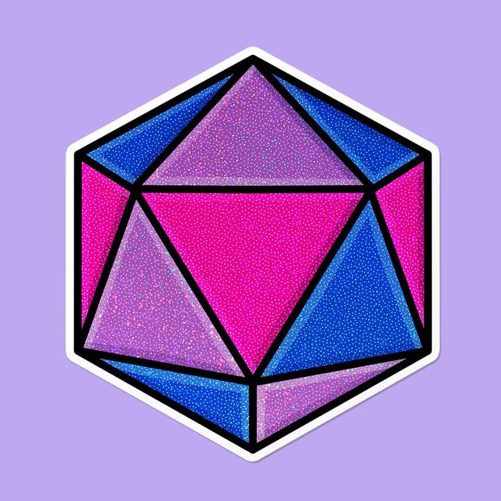 Dé à 20 faces bisexuel | Autocollant holographique LGBTQ+ pour gamer nerd pour la vente par That Queer Card Co