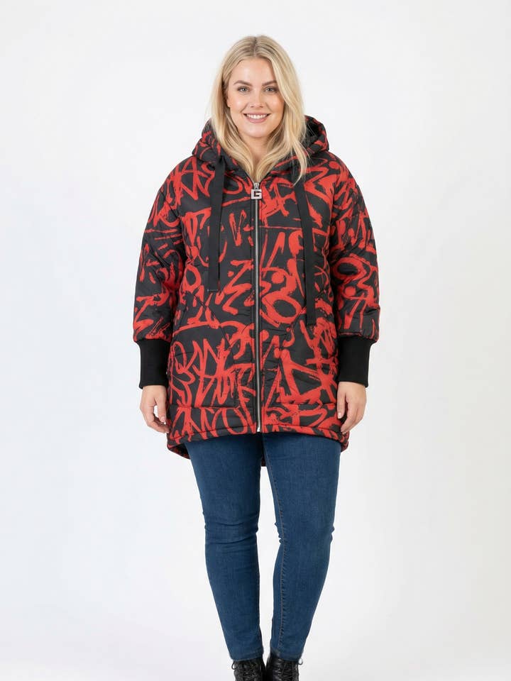 Casaco acolchoado de tamanho grande estampado vermelho (C6628) por atacado de Pomme Rouge Paris