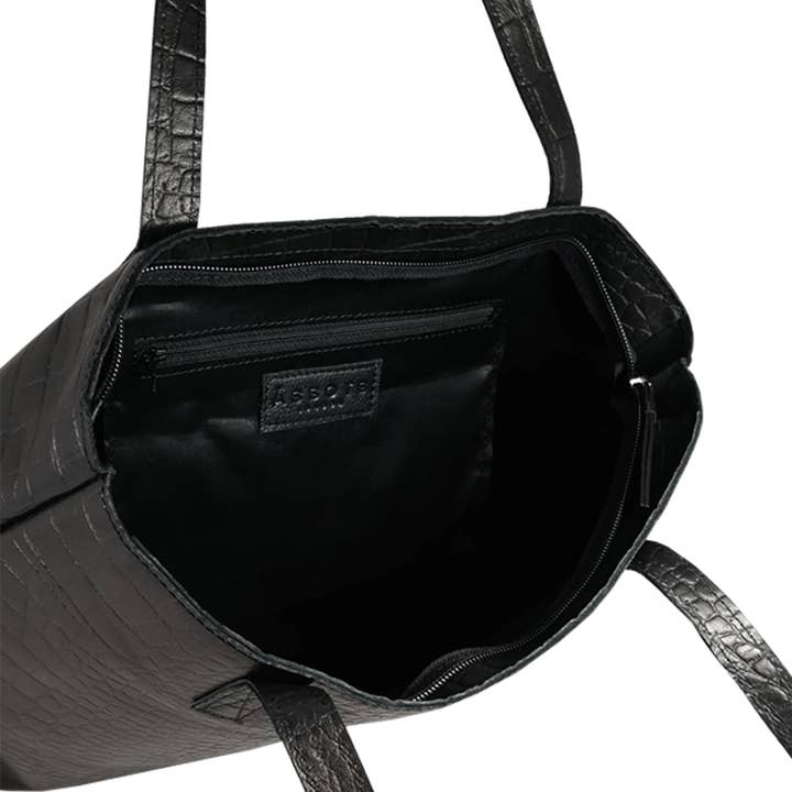 Assots London - Wholesale Tote Bag - Women's - 'FREYA' Black Semi Structured Unlined Croc Leather Tote Bag
