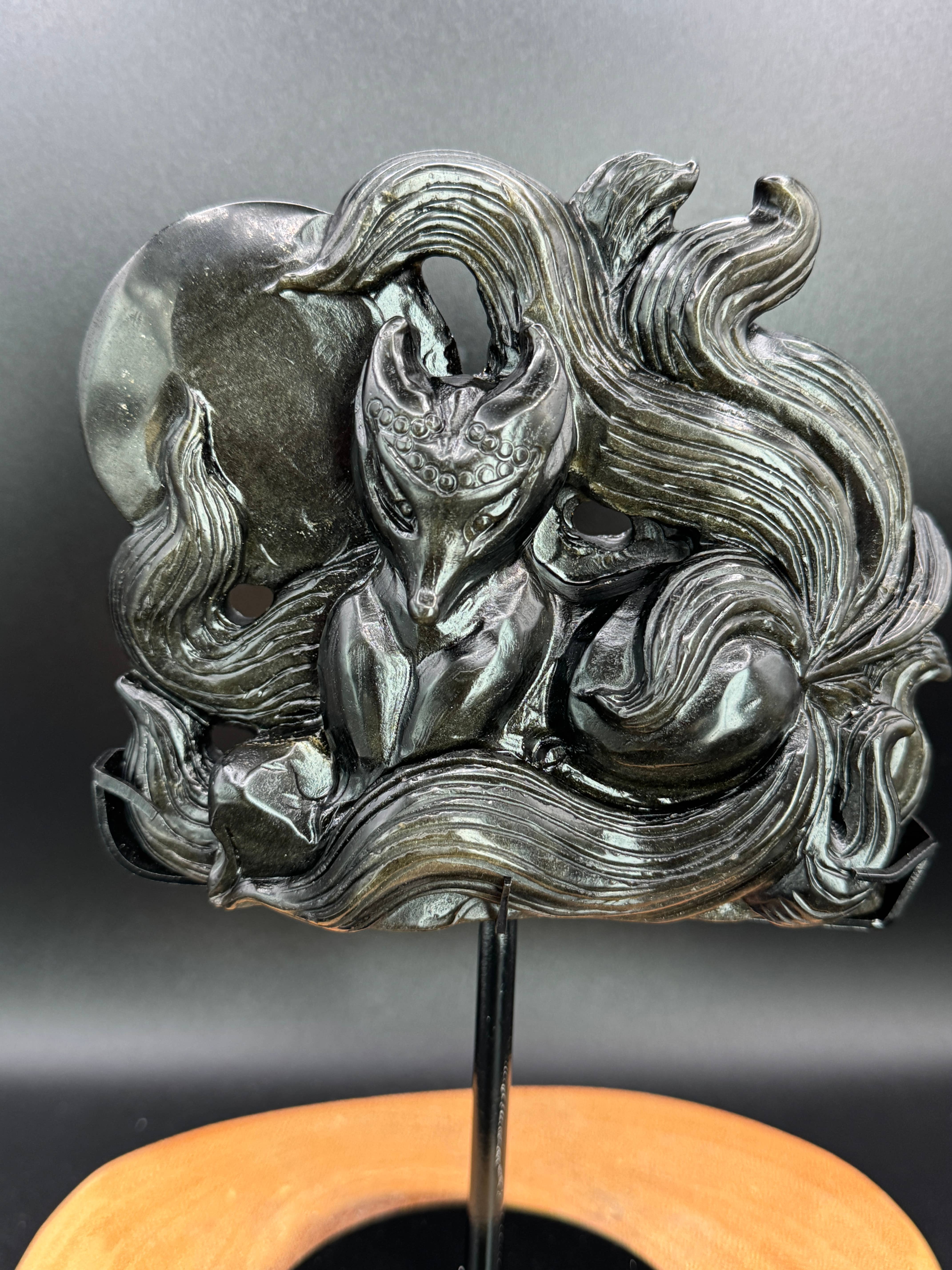 The 7 Directions - Wholesale Spiritual Stone/Crystal - Hand carved Gold Sheen Obsidian Nine tail fox H2954