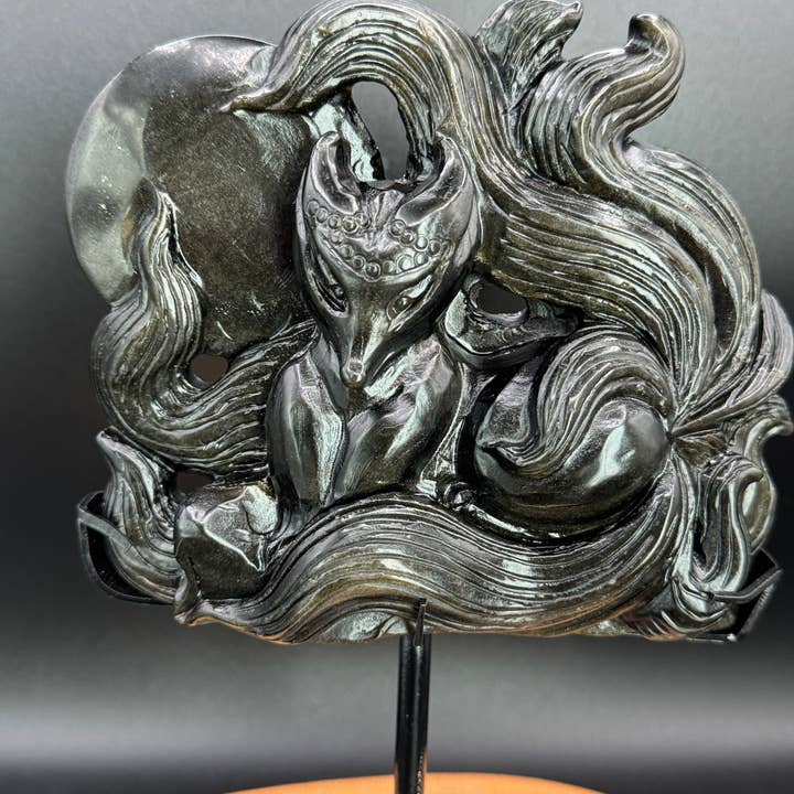 The 7 Directions - Wholesale Spiritual Stone/Crystal - Hand carved Gold Sheen Obsidian Nine tail fox H2954