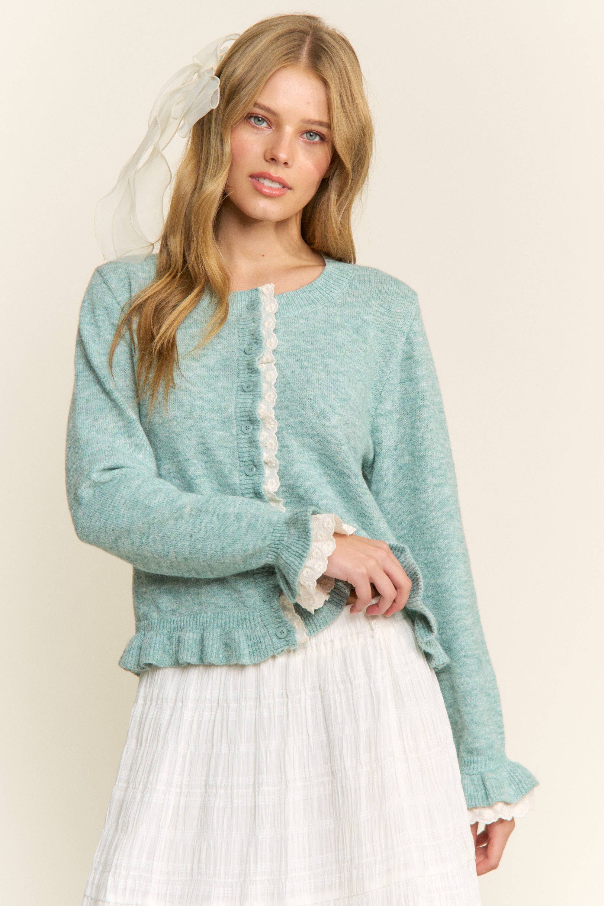 CANDESCENT - Wholesale Cardigan - Women's - Lace Trim Ruffle Hem Cardigan9