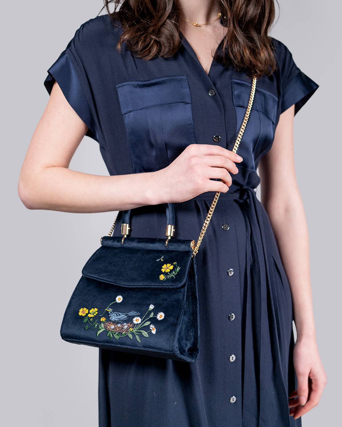 Fable England - Vendita all'ingrosso Borsa con manico - Donna - Mini Borsa in Velluto Blu Notte Blackbird2