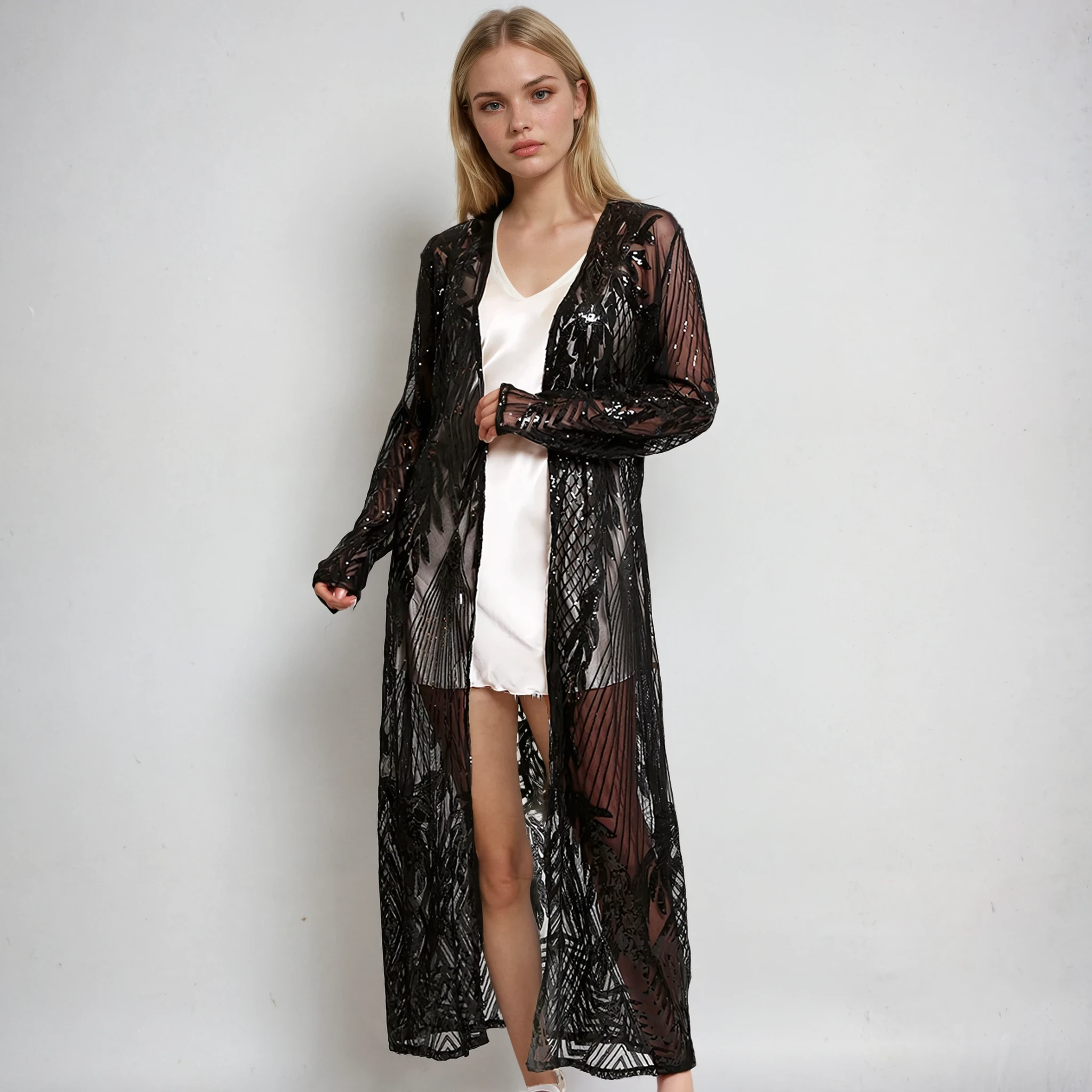 Pretty Attitude Clothing - Vente Kimono – femme - Kimono Noir à Paillettes Long Cardigan à Paillettes Brillant1