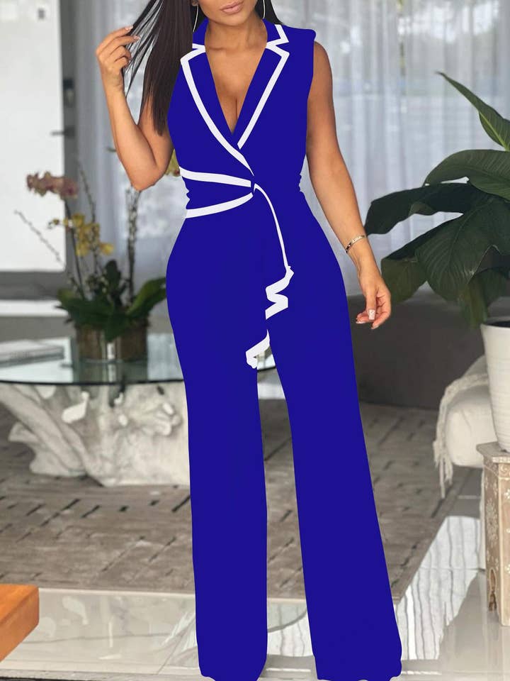 v neck elegant sleeveless jumpsuit wide leg pants for wholesale by Queen Fashion