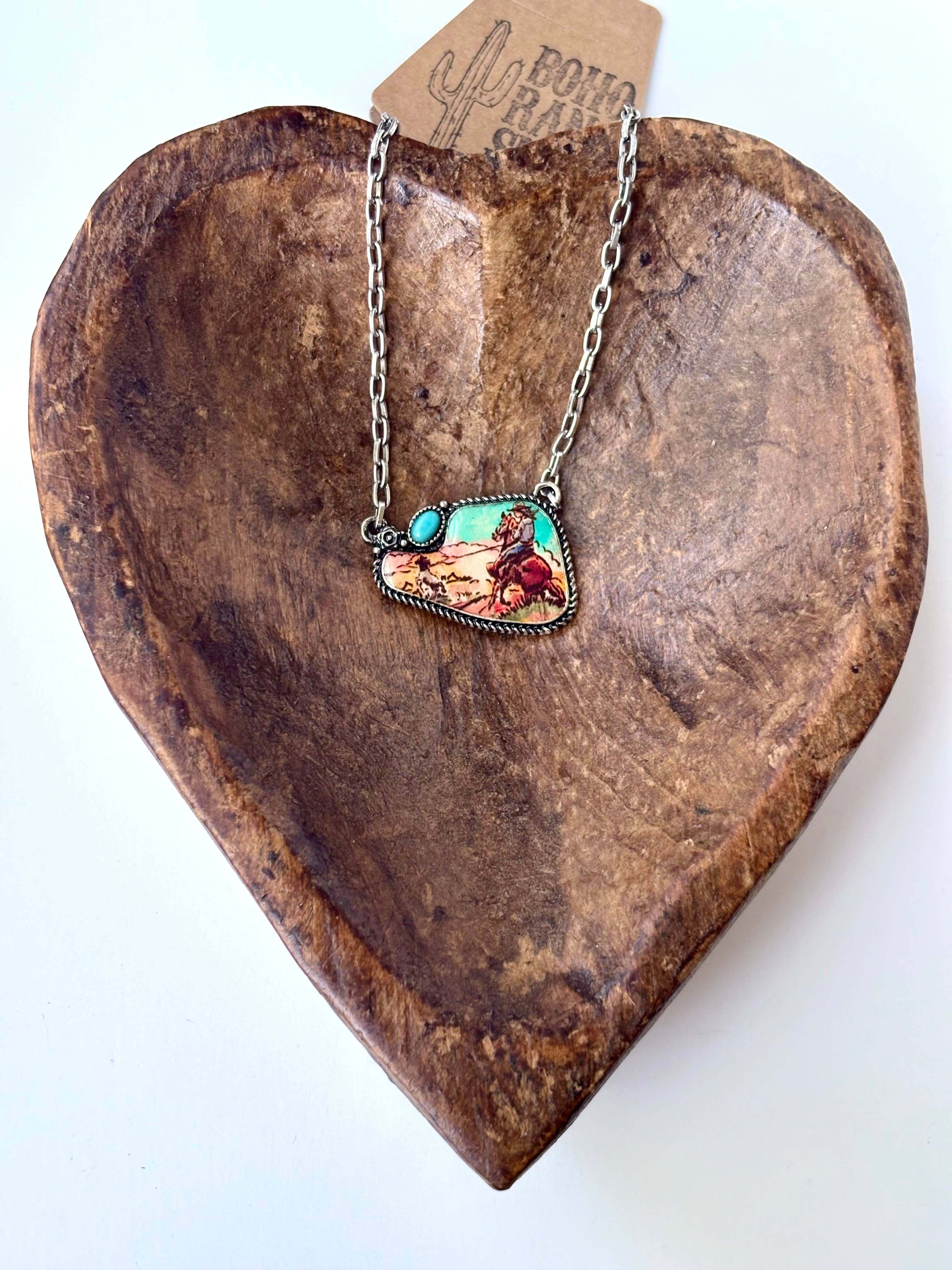 Boho Ranch Shop - Wholesale Pendant/Charm Necklace - Western Rodeo Scenery with Stone Pendant Necklace4