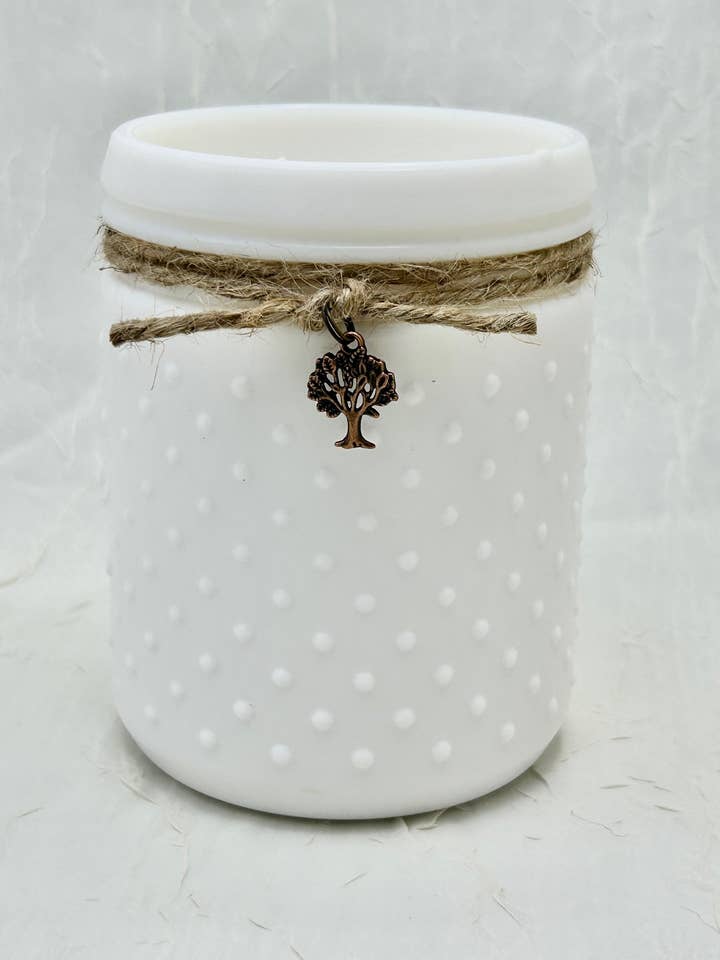 Vintage White Hobnail Candle With Tree Charm for wholesale by Sweet Wick Candle Company