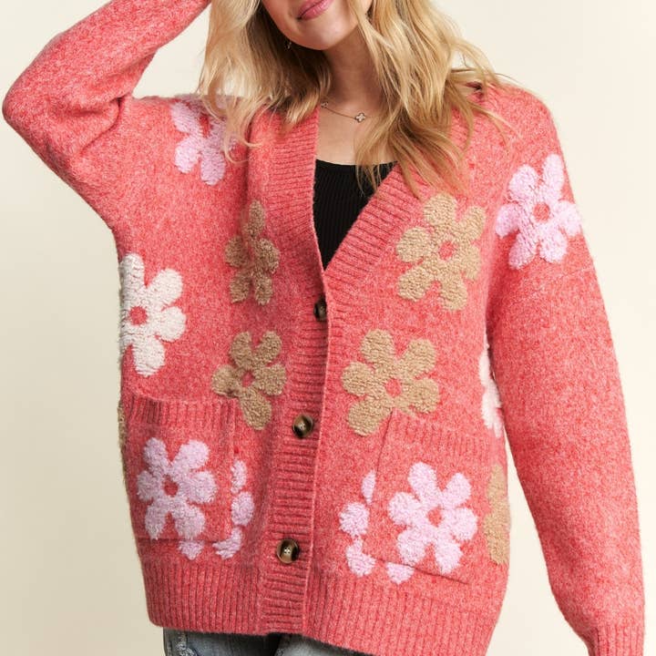 ADORA LA - Wholesale Cardigan - Women's - CESW3580 - BUTTON DOWN FLORAL SWEATER CARDIGAN1