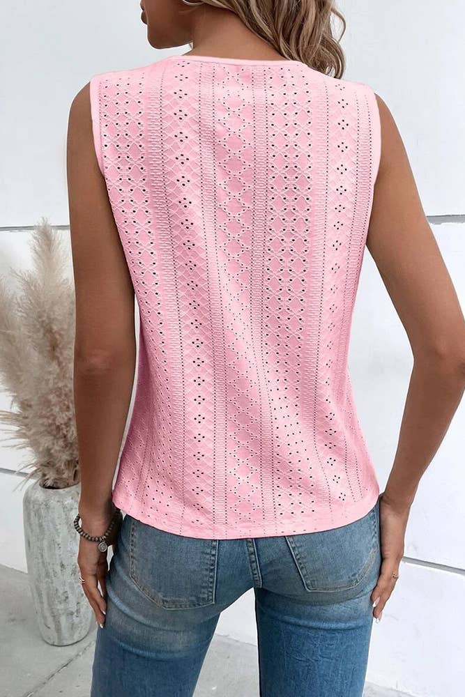 UNISHE - Venta al por mayor Blusa - Mujer - Camiseta sin mangas con cuello en V y ojales en jacquard AXR0379
