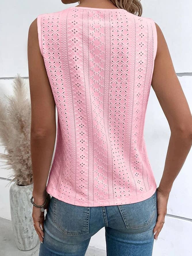 UNISHE - Wholesale Blouse - Women's - V Neck Jacquard Eyelet Tank Top AXR03710