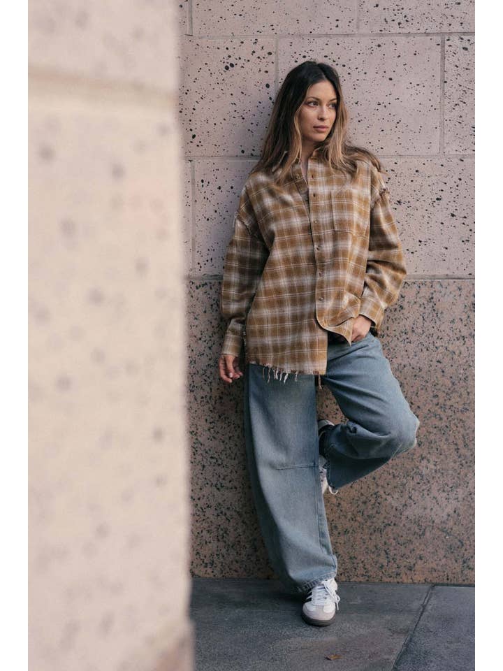 Promesa USA - Wholesale Button Down Shirt - Women's - Plaid Flannel Oversized Raw-Edge Pocket Shirt3