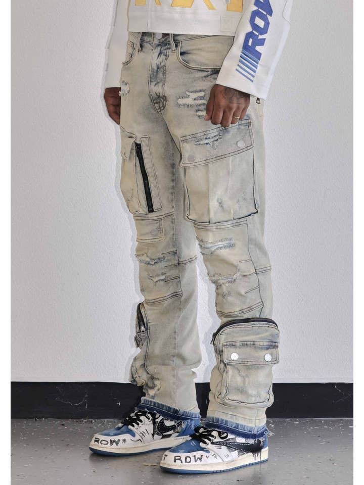 First Row - Wholesale Jeans - Men's - UTILITY CARGO SHARP DENIM PANTS