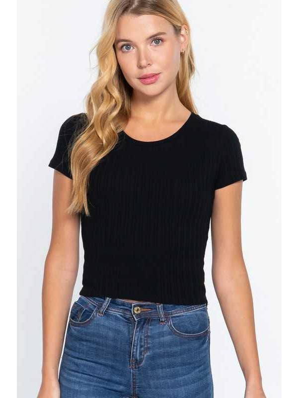 Vanilla Monkey – wholesale Stickad topp - Dam – Kortärmad Rund hals Variegate Rib Stickad topp