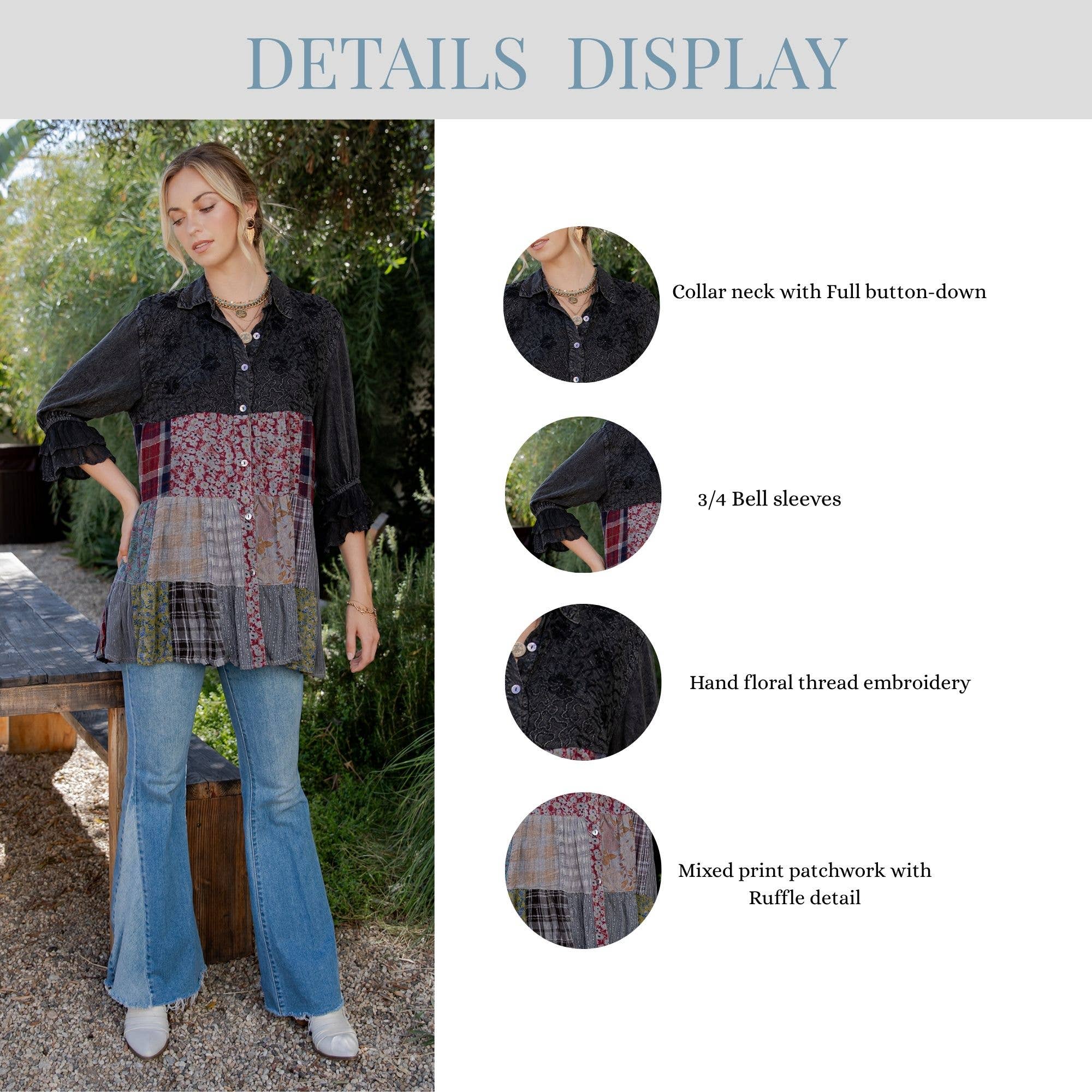 Young Threads - Wholesale Blouse - Women's - Western Denim Yoke Patchwork Tiered Tunic Top (New Color)13