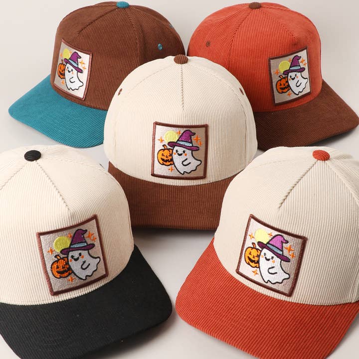 CUTE GHOST Patch Two-Tone Corduroy Trucker Hat for wholesale by Fashion City