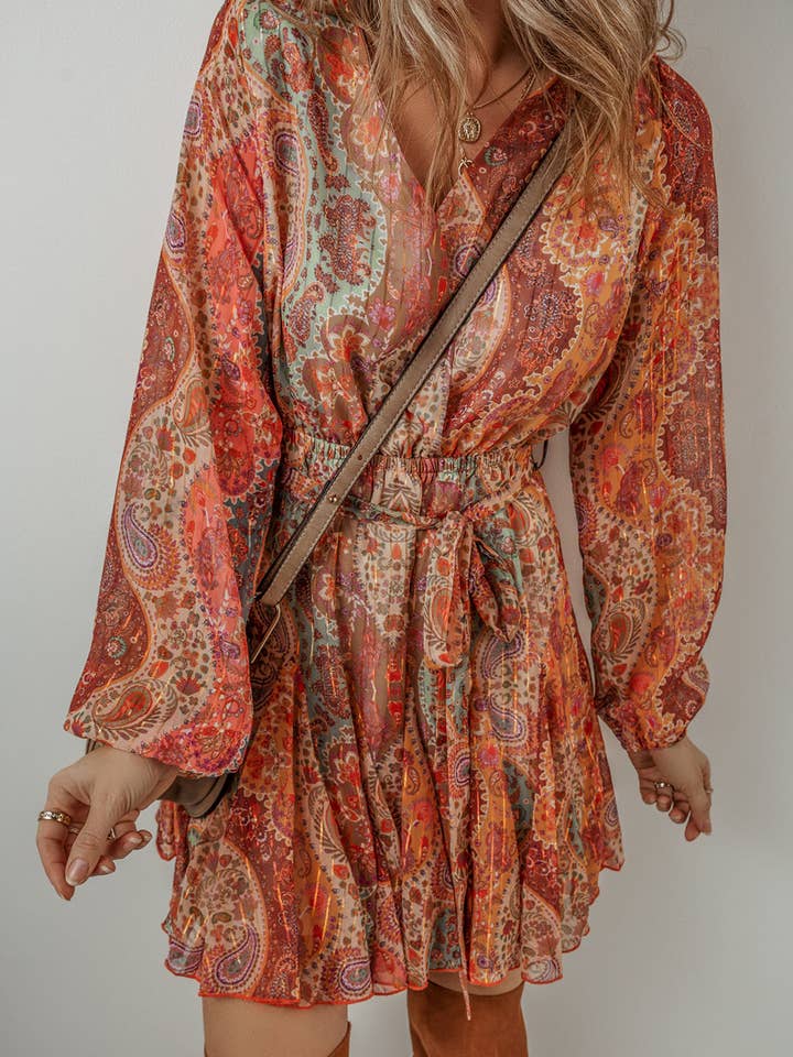 Orange Boho Paisley Print Long Sleeve Pleated Belted Mini Dress for wholesale on Faire4