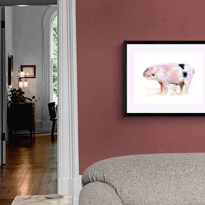 Inramad tryck Freddy, grisen av rasen Gloucestershire Old Spot för wholesale av Wendy Laverick