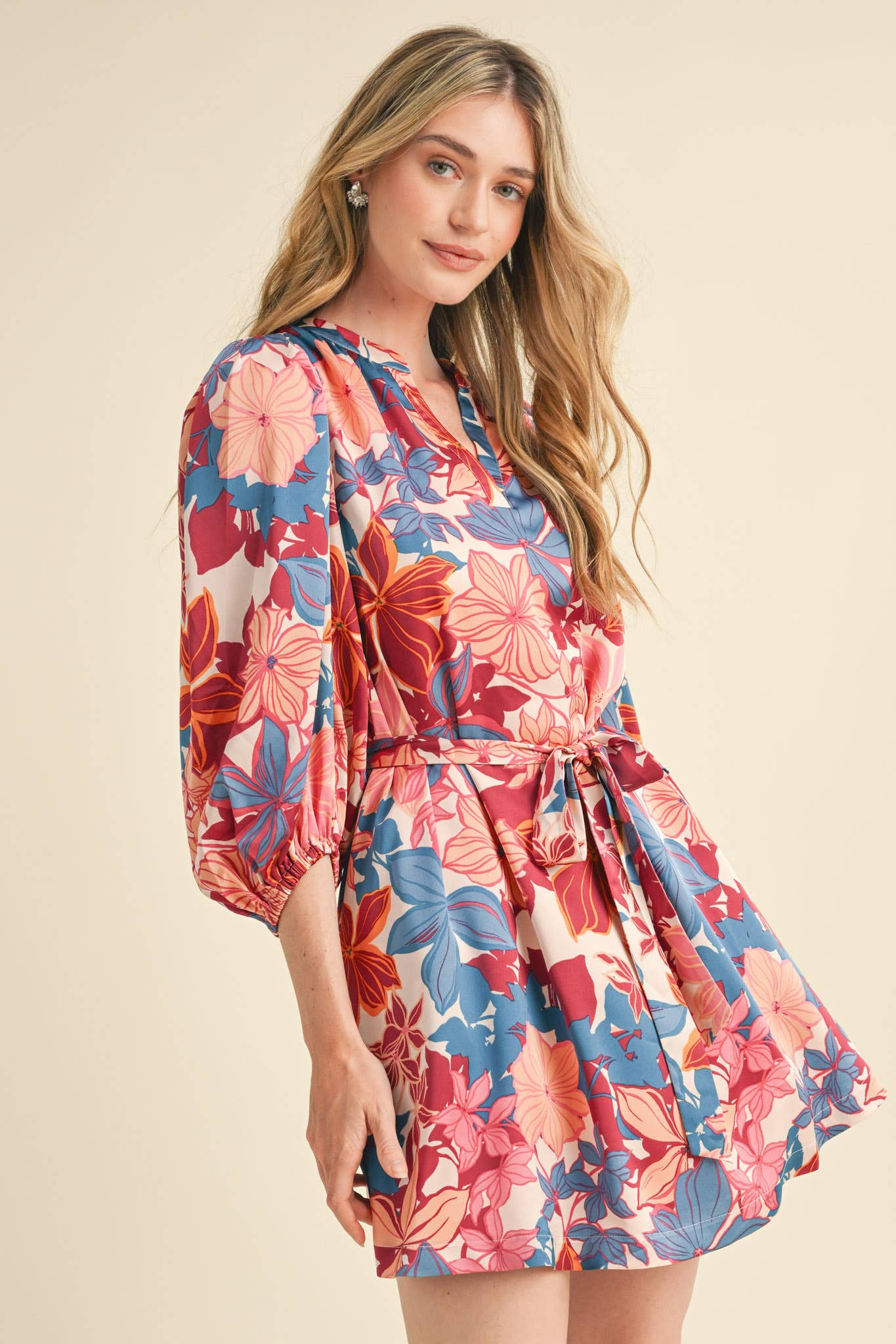 &MERCI - Wholesale Dress - Women's - EXCLUSIVE PRINT PUFF SLEEVE TYING WAIST MINI DRESS MDR33531