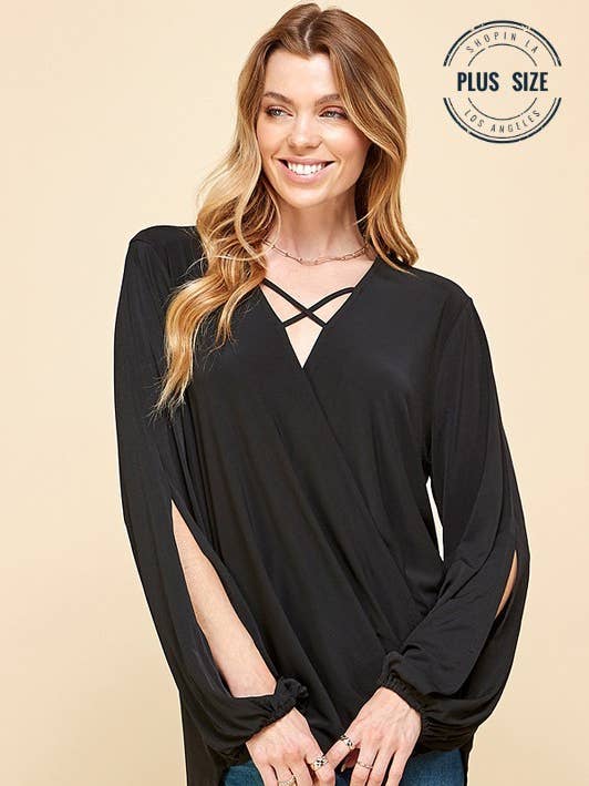 SPT5154P - PLUS STØRRELSE LØS OVERDEL MED KRYDS OG ÅBNE ÆRMER for engroshandel hos Shopin LA