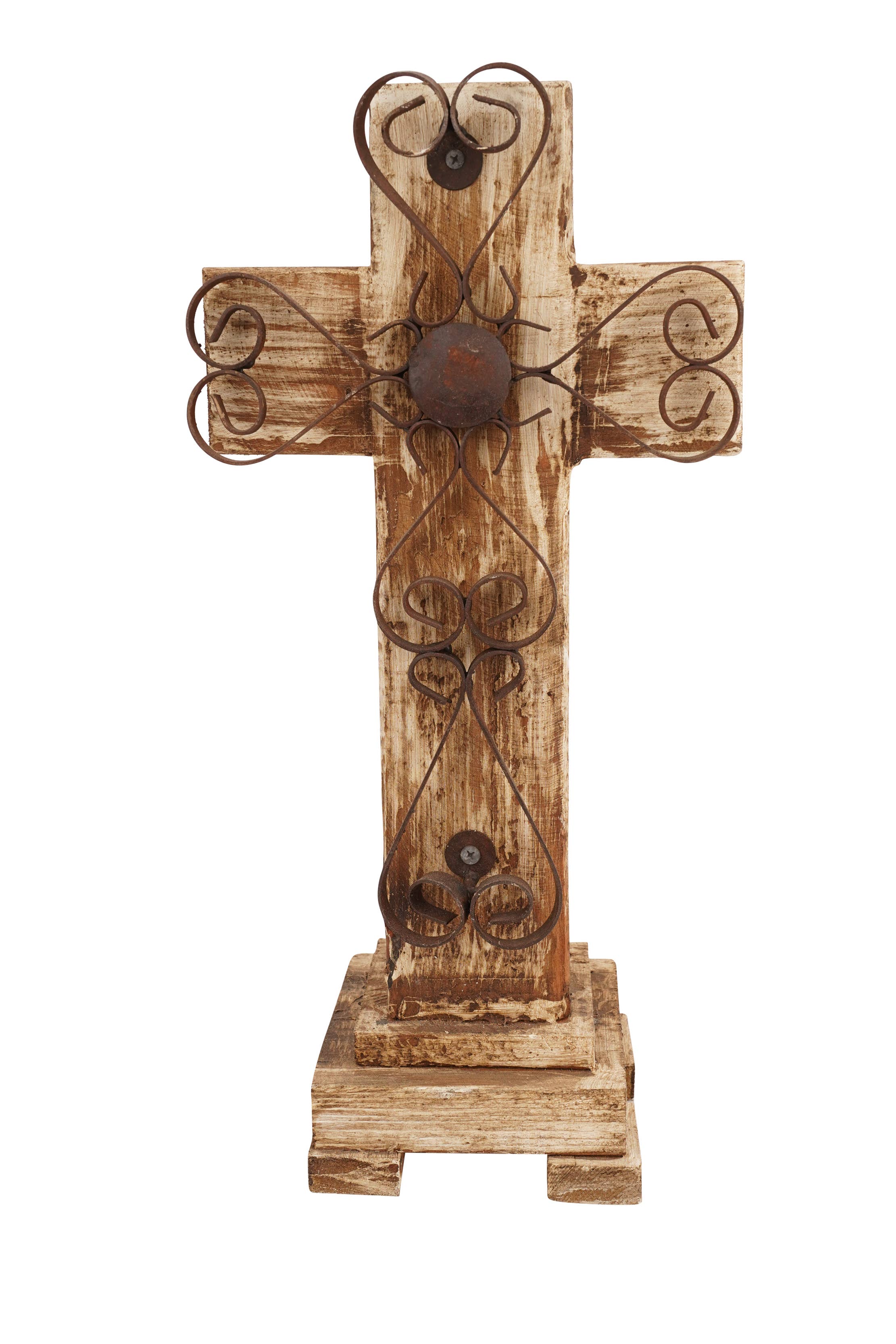 My Amigos Imports - Wholesale Decorative Tabletop Object - Laredo Pedestal Wood Cross-Farmhouse-Wood & Iron-8x17Hx4D0