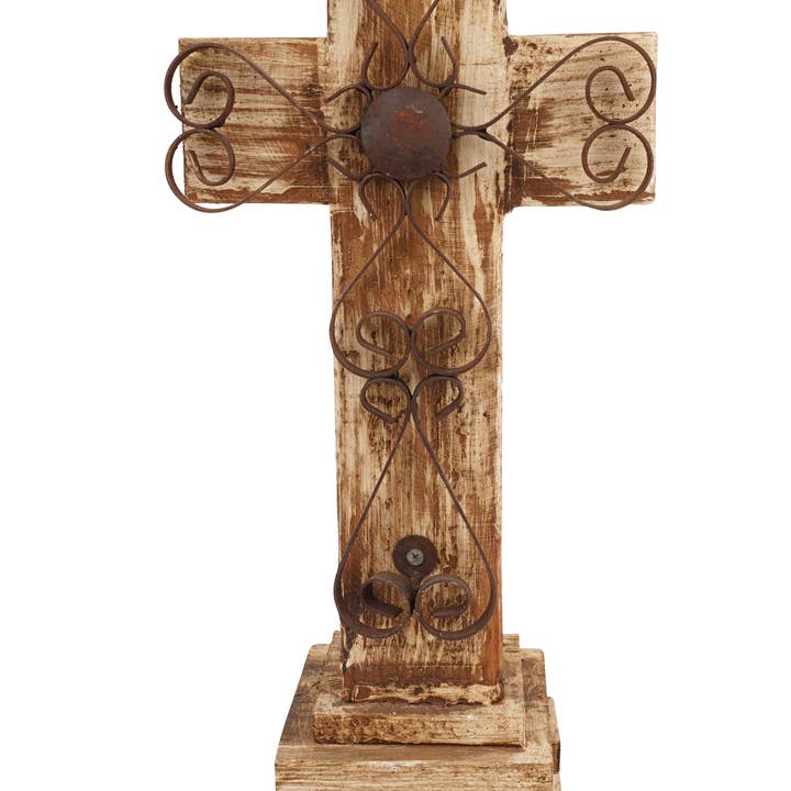 My Amigos Imports - Wholesale Decorative Tabletop Object - Laredo Pedestal Wood Cross-Farmhouse-Wood & Iron-8x17Hx4D
