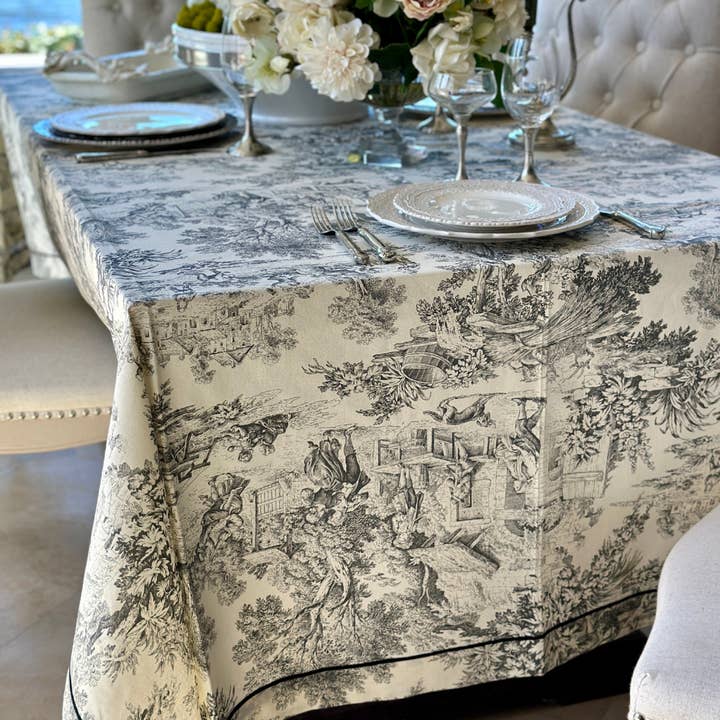 Arte Italica & Crown Linen Designs - Wholesale Tablecloth - Montefalco Toile Tablecloth, Black & Cream - New1