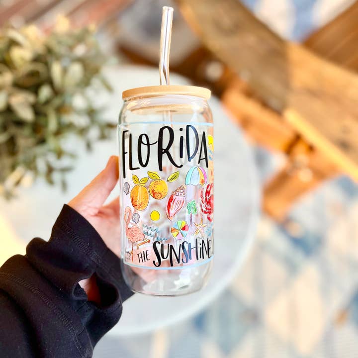 Happy By Rachel, LLC - Wholesale Drinking Glass/Cup - State of Florida 16 oz Glassware with a Bamboo Lid & Straw
