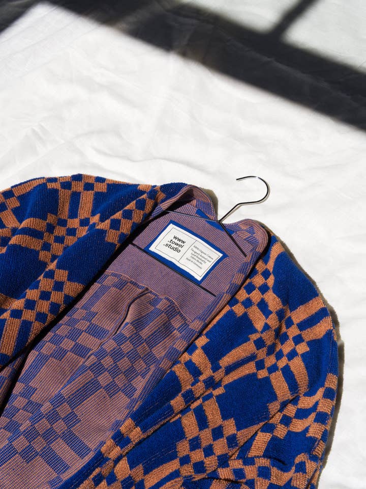 Weave Bathrobe | Azure & Chestnut for wholesale by towel.studio