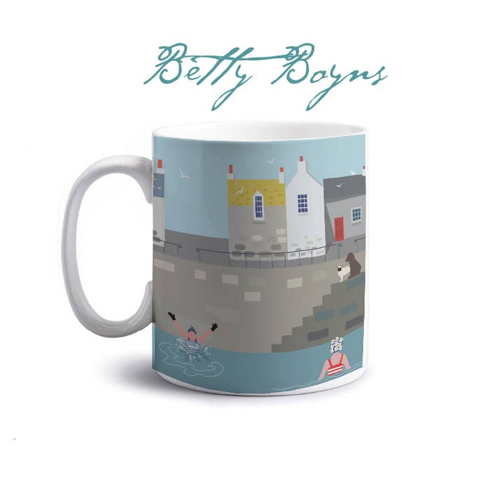 TASSE „JUMPING IN HARBOUR“, CORNWALL
Keramik, 11 Unzen, bedruckt in Großbritannien für den Großhandel von Betty Boyns Designs