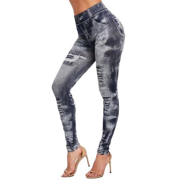 Tourtiwi - Wholesale Pants - Women's - Fake Ripped Imitation Denim High Waist Yoga Pants8