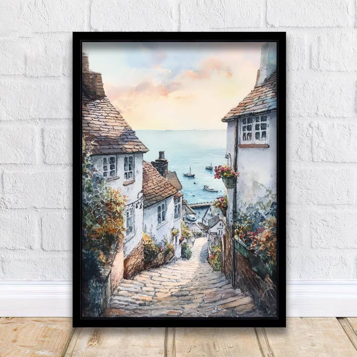 Clovelly Watercolor Painting Devon Village Art Clovelly Poster Scenic Seaside Decor for wholesale by InkNPrintz
