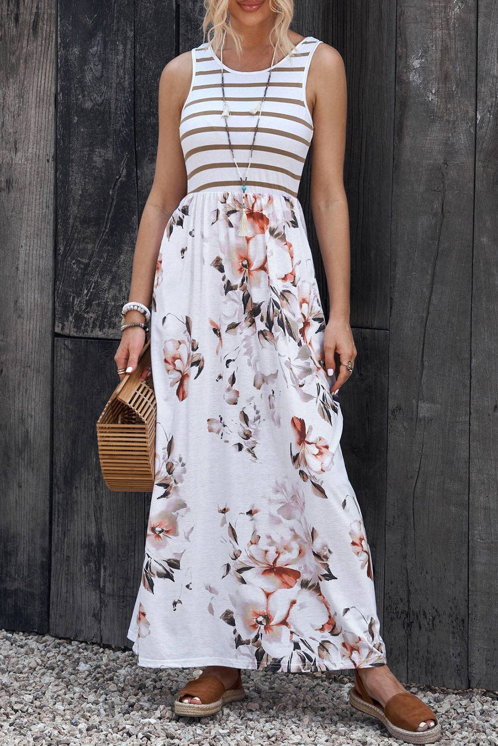 White Striped Floral Print Sleeveless Maxi Dress with Pocket for wholesale on Faire3