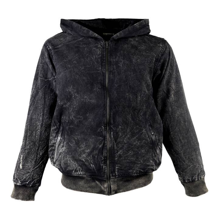 Felpa con cappuccio nera effetto acid wash Geometria sacra per la vendita all'ingrosso da parte di Tribal Trade GmbH