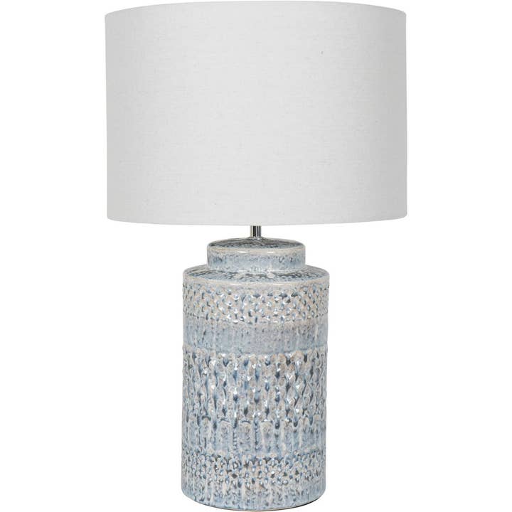 The Libra Company - Wholesale Accent/Desk Lamp - Stormy Sky Glaze Table Lamp with Cream Drum ShadeBrass and Agate Lamp Base - (Not available in USA)