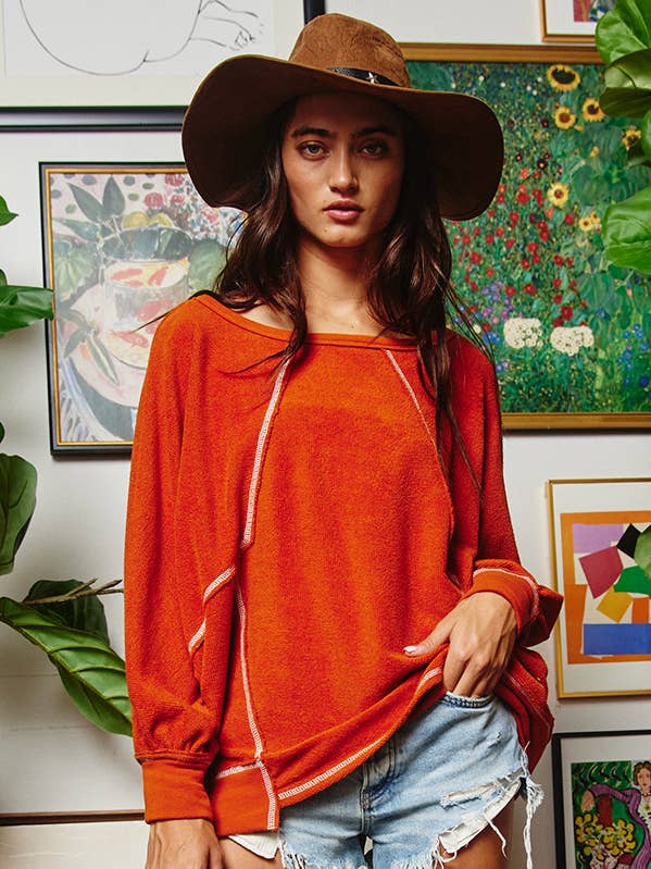 BUCKETLIST - Wholesale Tunic - Women's - T1314 Reverse Stitch Details Dolman Sleeves Solid Tunic Top