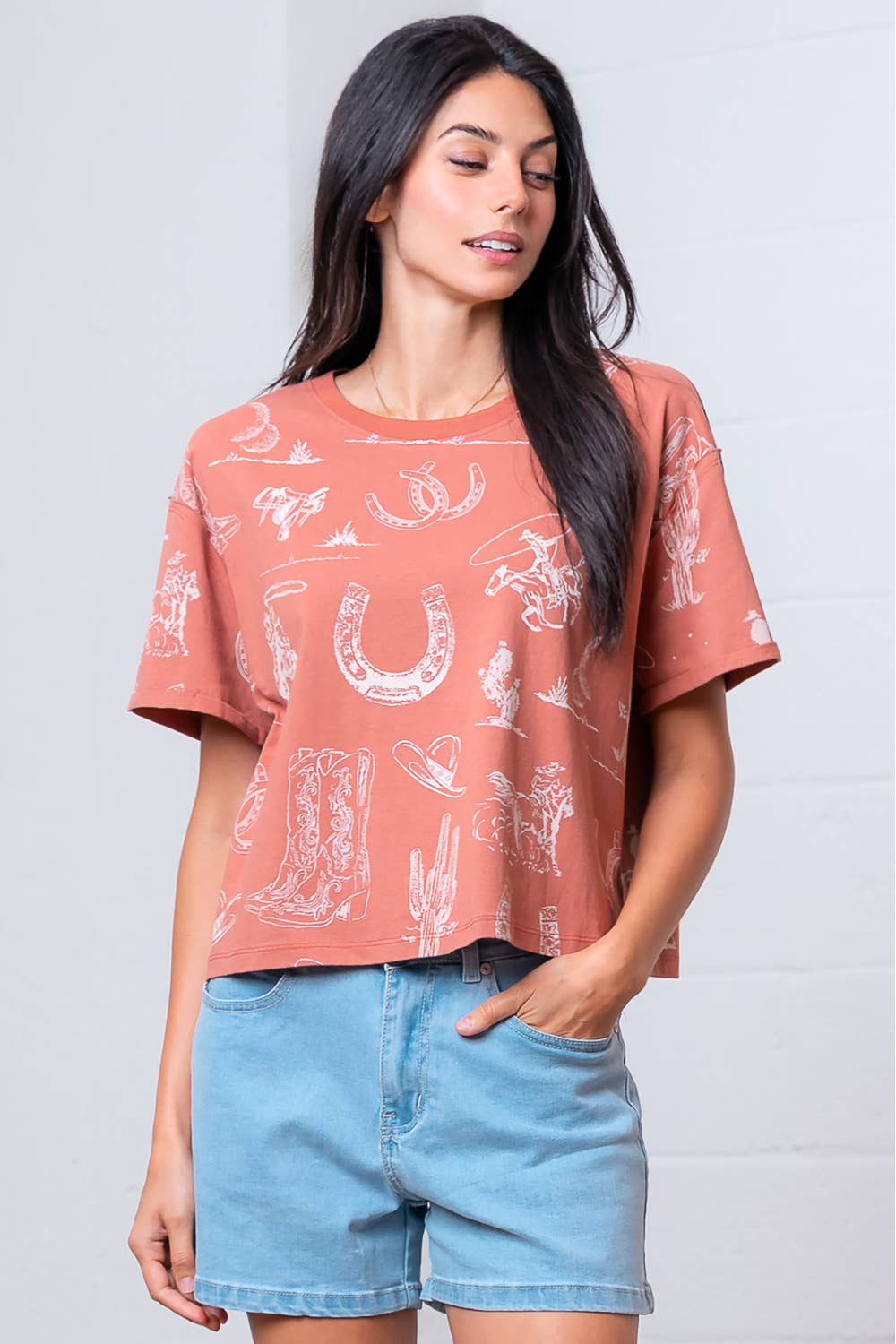 Taelynn - Wholesale T-Shirt - Women's - HT28781T-WESTERN PRINTED SHORT SLV ROUND NECK T-SHIRT0