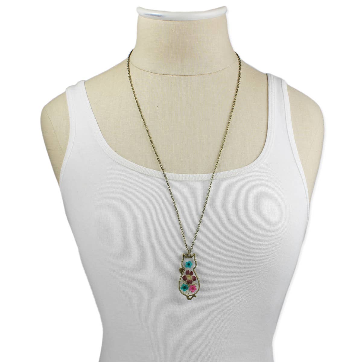ZAD - Wholesale Pendant/Charm Necklace - Vintage Floral Feline Dried Flower Cat Necklace2