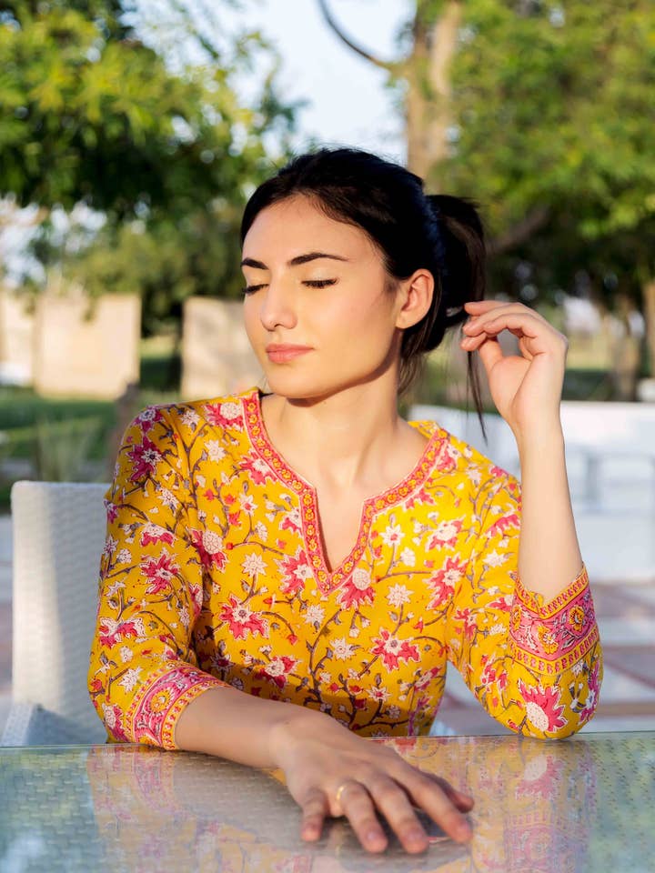 Sunset Serenity Hand Block Bliss Pajama Set for wholesale by Offtheory