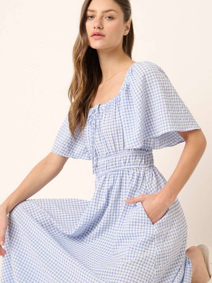 ROBE MIDI VICHY BABYDOLL À MANCHES VOLANTÉES pour la vente par mittoshop