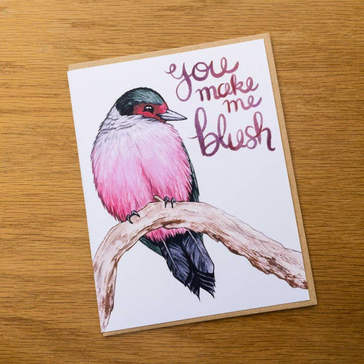 You Make Me Blush - Lewis's Woodpecker Valentine Greeting Ca for wholesale by Laurel Mundy Illustration